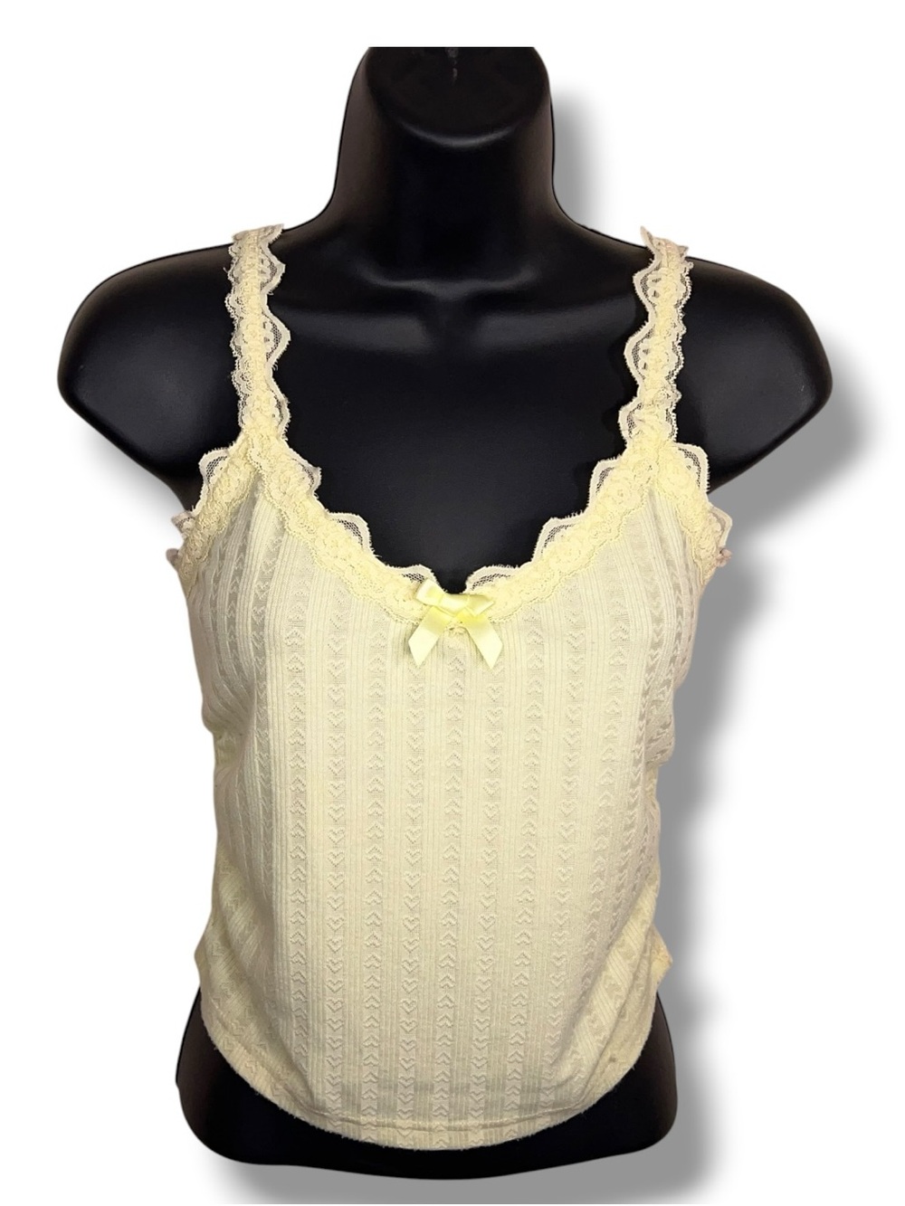 Y2K Era Juniors Medium Butter Yellow Lace Trim Cropped Cami Tank Pastel Crop Top